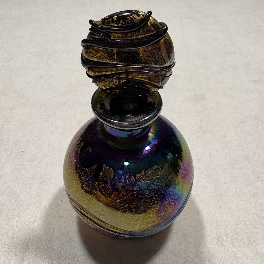 Iridescent Art Glass Perfume Bottle Gold Leaf Swirl Stopper Isle of Wight Style